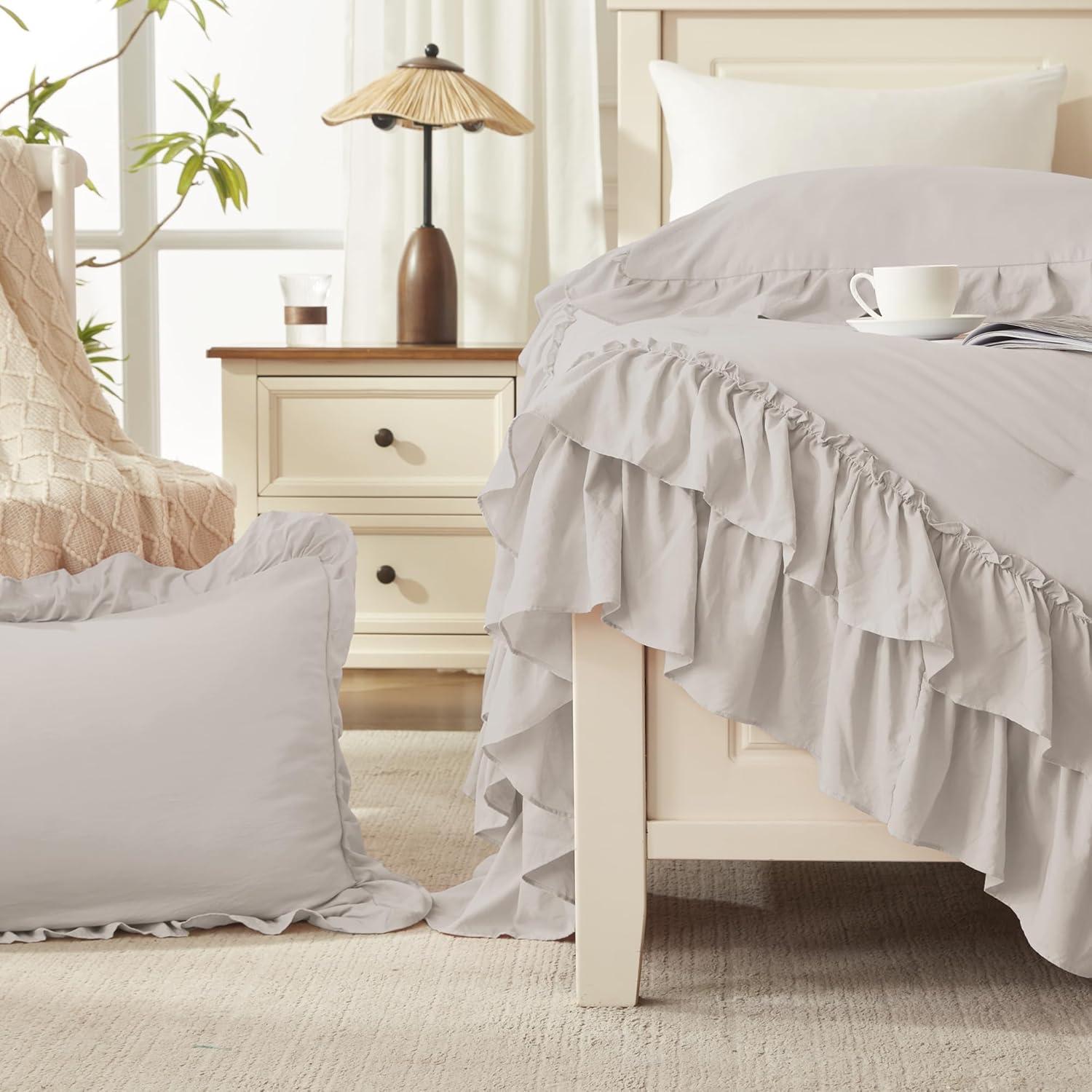 imageAndency White Ruffle Comforter Full Set 3pcs Vintage Farmhouse Shabby Chic Bedding Comforter Set Soft Lightweight Fluffy Bed Comforter Sets All Season Bedding SetLinen