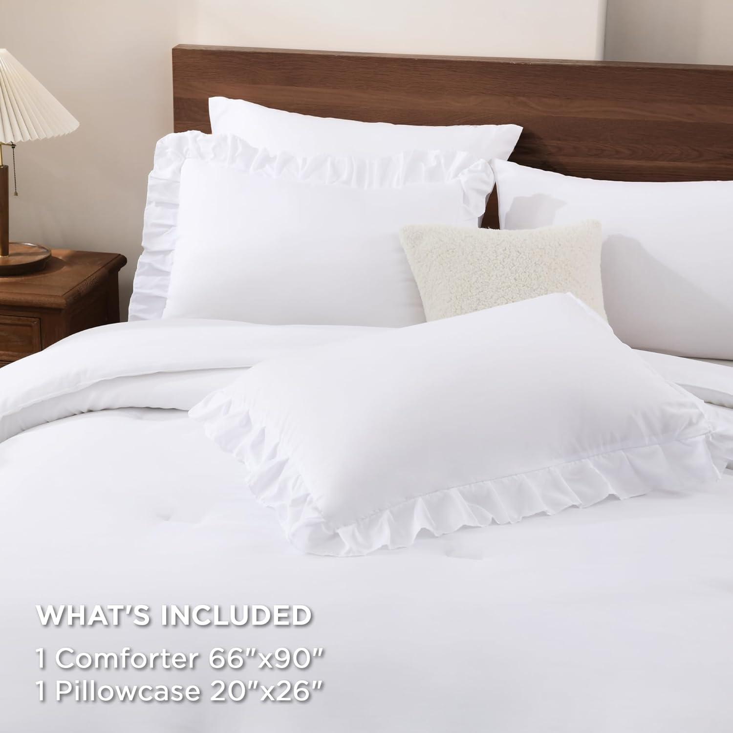 imageAndency White Ruffle Comforter Full Set 3pcs Vintage Farmhouse Shabby Chic Bedding Comforter Set Soft Lightweight Fluffy Bed Comforter Sets All Season Bedding SetWhite