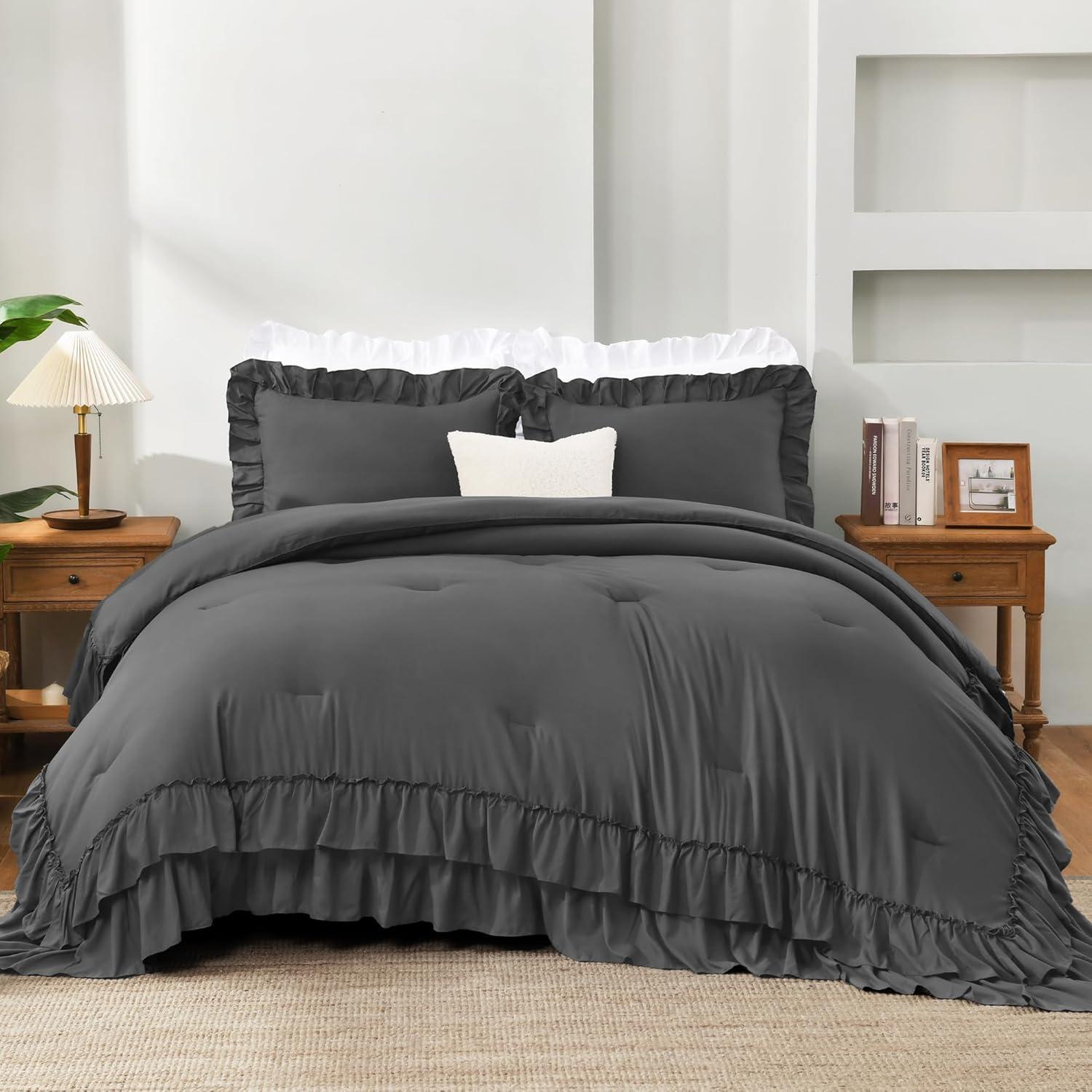 imageAndency White Ruffle Comforter Full Set 3pcs Vintage Farmhouse Shabby Chic Bedding Comforter Set Soft Lightweight Fluffy Bed Comforter Sets All Season Bedding SetDark Grey