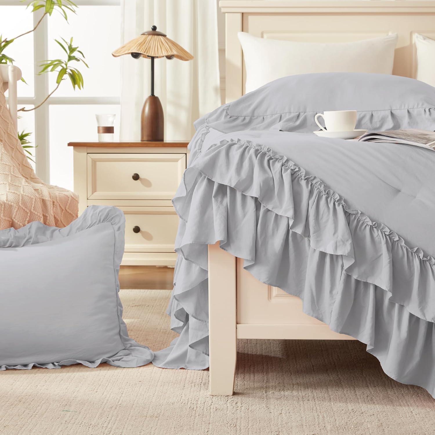 imageAndency White Ruffle Comforter Full Set 3pcs Vintage Farmhouse Shabby Chic Bedding Comforter Set Soft Lightweight Fluffy Bed Comforter Sets All Season Bedding SetLight Gray