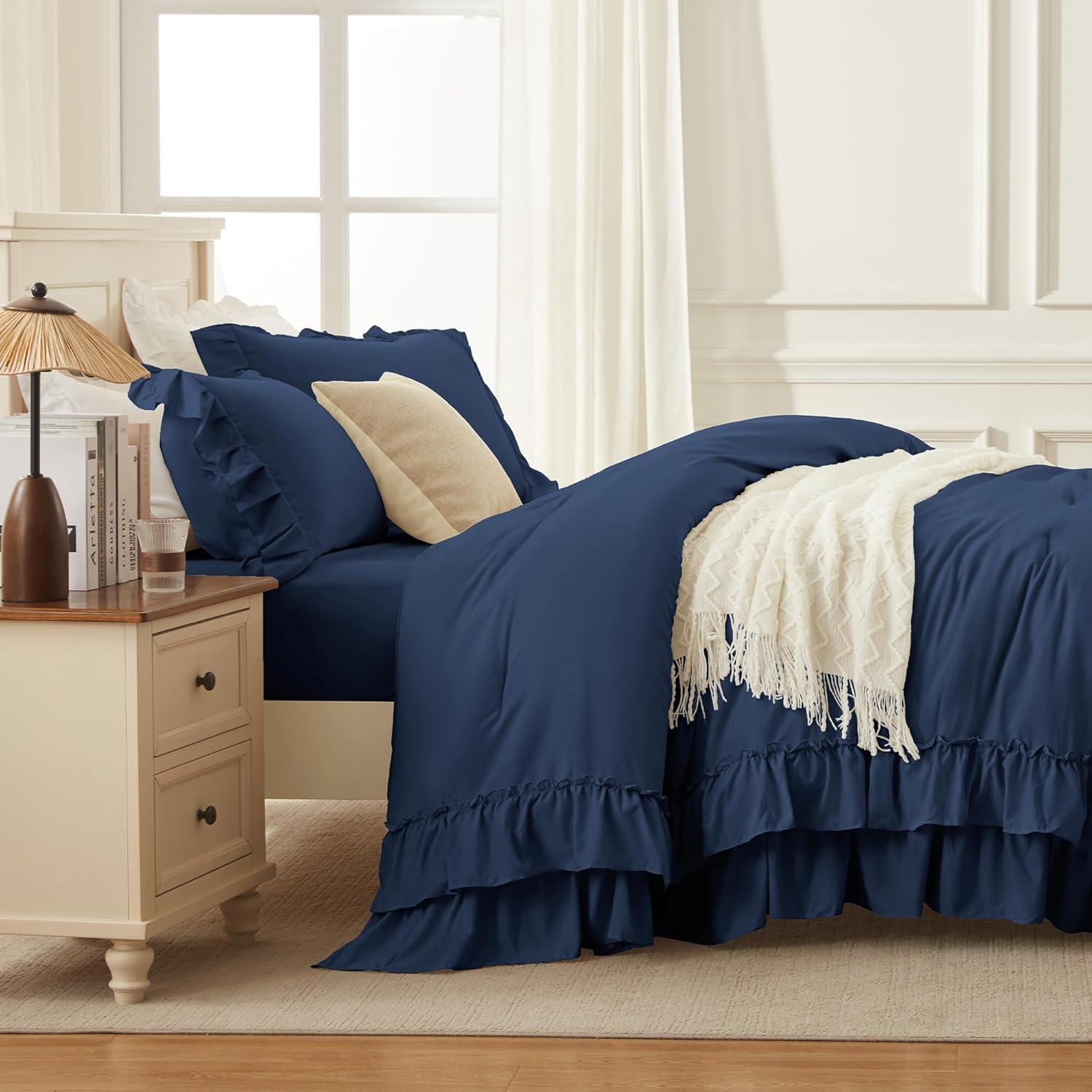 imageAndency White Ruffle Comforter Full Set 3pcs Vintage Farmhouse Shabby Chic Bedding Comforter Set Soft Lightweight Fluffy Bed Comforter Sets All Season Bedding SetNavy