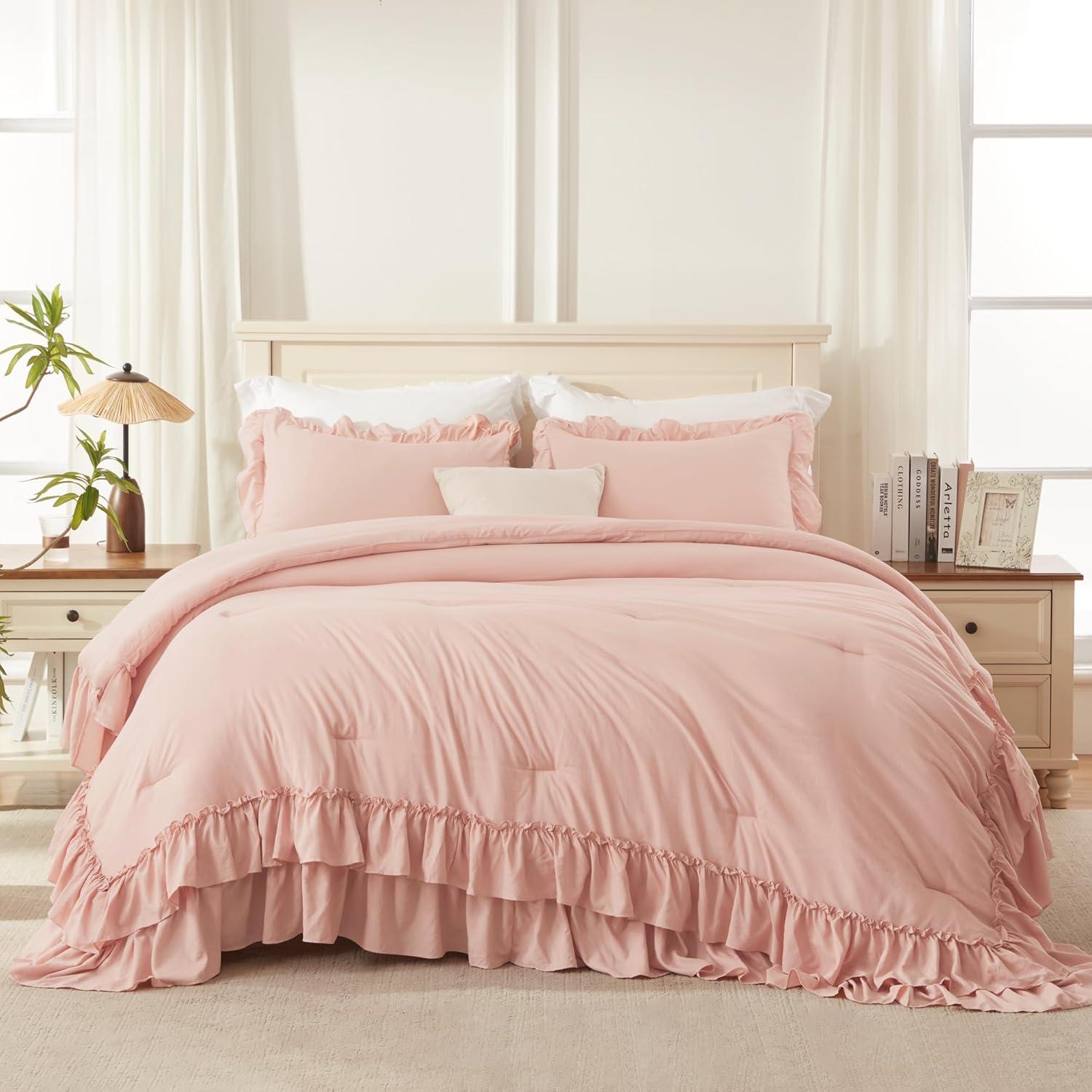 imageAndency White Ruffle Comforter Full Set 3pcs Vintage Farmhouse Shabby Chic Bedding Comforter Set Soft Lightweight Fluffy Bed Comforter Sets All Season Bedding SetBlush