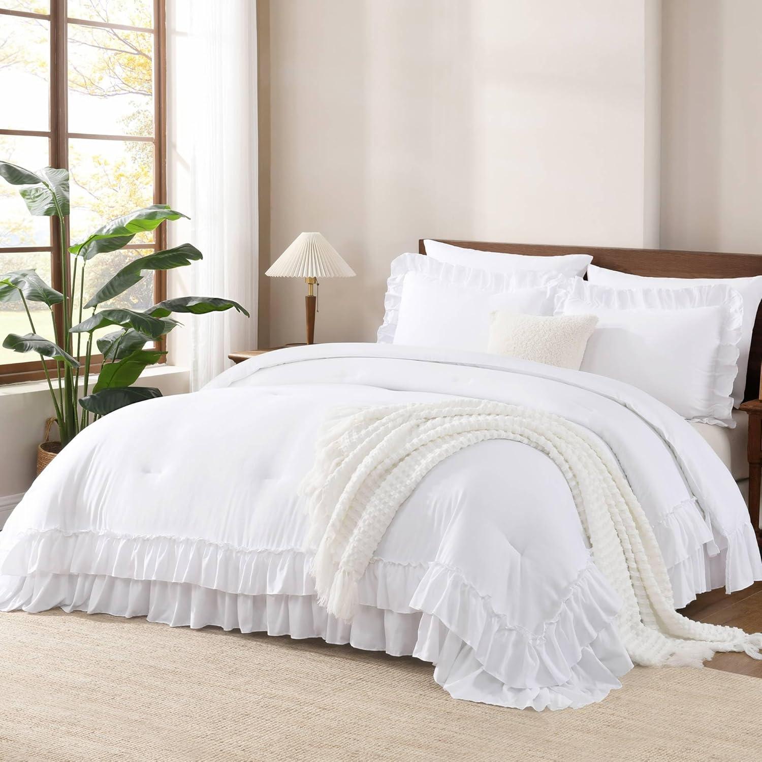 imageAndency White Ruffle Comforter Full Set 3pcs Vintage Farmhouse Shabby Chic Bedding Comforter Set Soft Lightweight Fluffy Bed Comforter Sets All Season Bedding SetWhite
