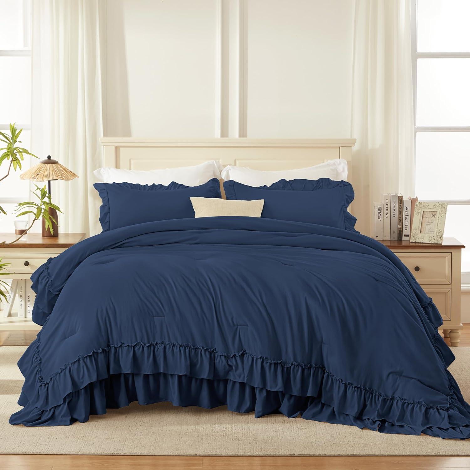 imageAndency White Ruffle Comforter Full Set 3pcs Vintage Farmhouse Shabby Chic Bedding Comforter Set Soft Lightweight Fluffy Bed Comforter Sets All Season Bedding SetNavy
