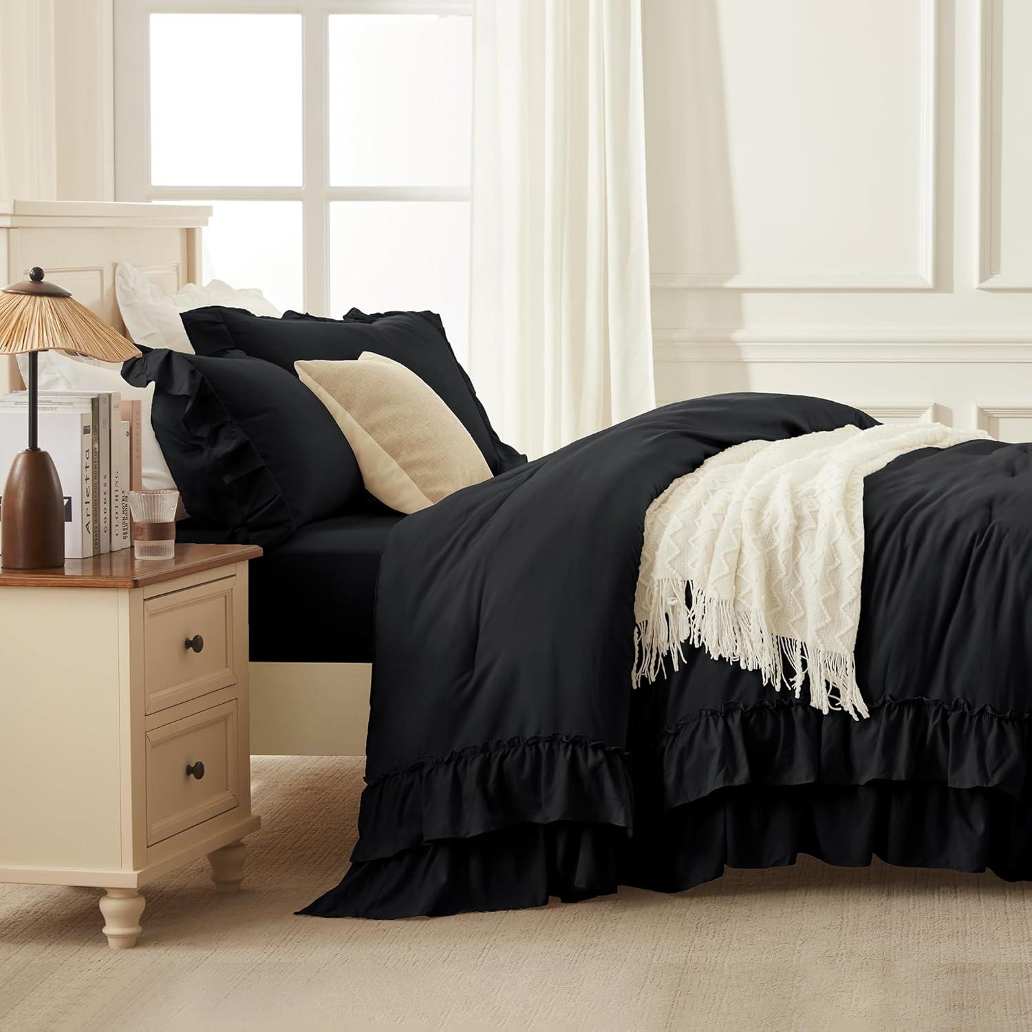 imageAndency White Ruffle Comforter Full Set 3pcs Vintage Farmhouse Shabby Chic Bedding Comforter Set Soft Lightweight Fluffy Bed Comforter Sets All Season Bedding SetBlack
