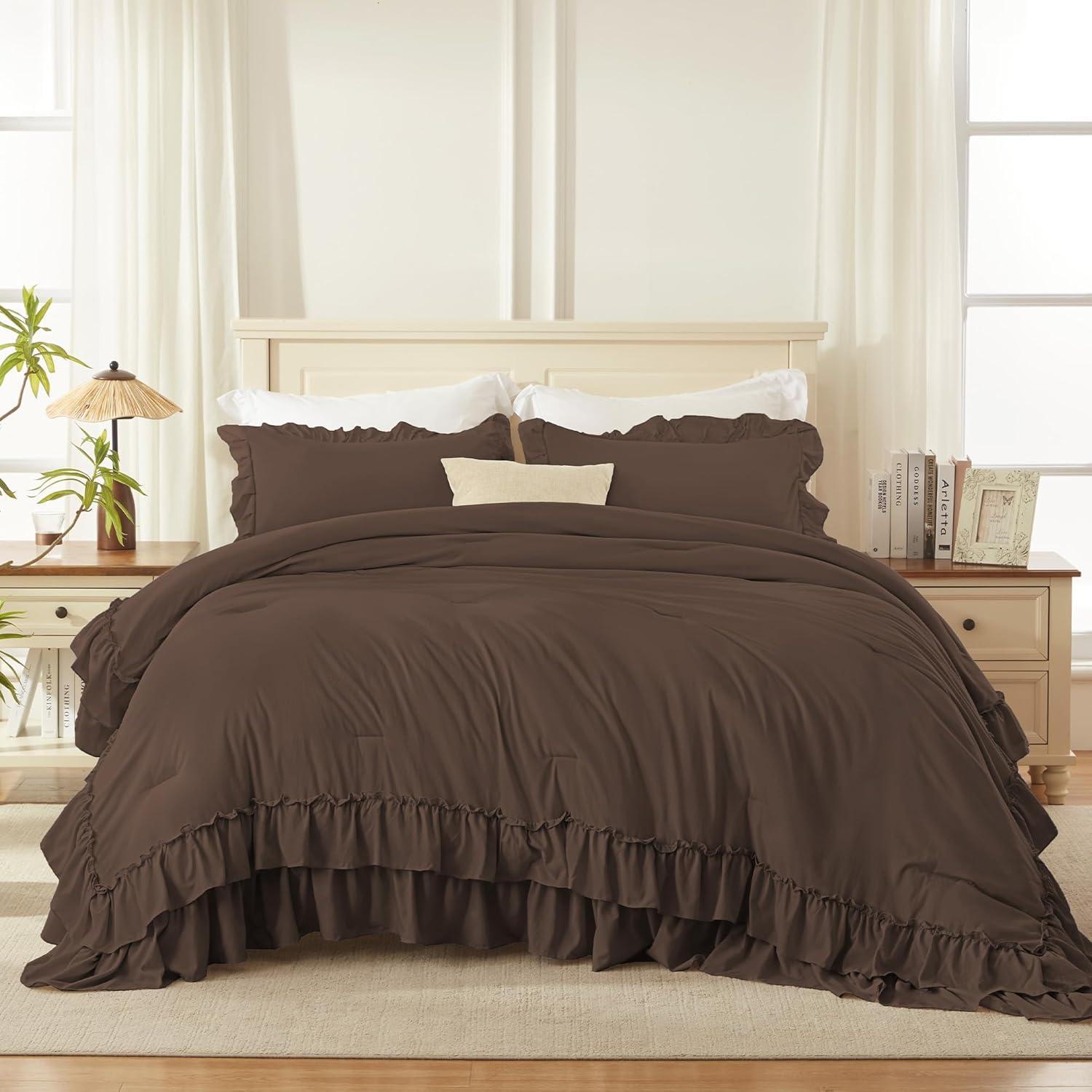 imageAndency White Ruffle Comforter Full Set 3pcs Vintage Farmhouse Shabby Chic Bedding Comforter Set Soft Lightweight Fluffy Bed Comforter Sets All Season Bedding SetBrown