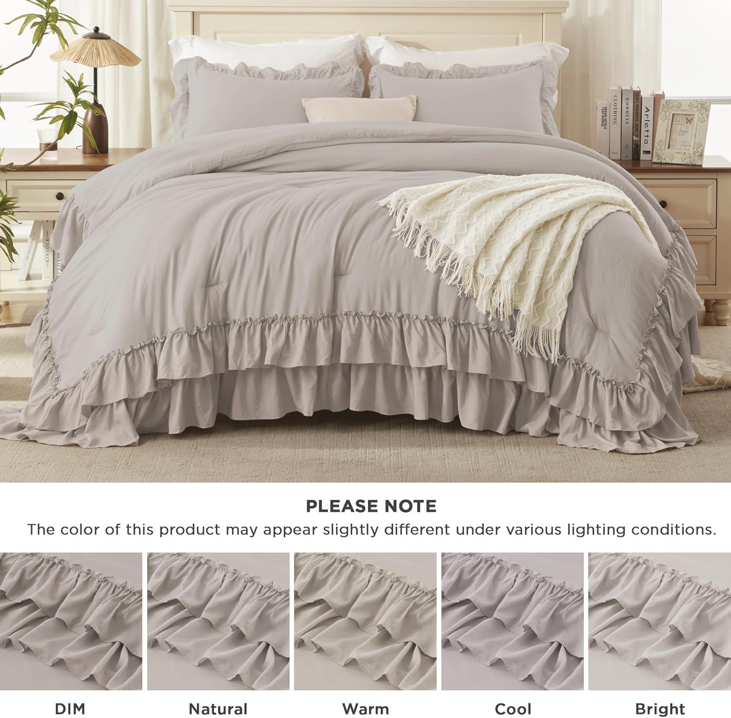 imageAndency White Ruffle Comforter Full Set 3pcs Vintage Farmhouse Shabby Chic Bedding Comforter Set Soft Lightweight Fluffy Bed Comforter Sets All Season Bedding SetLinen
