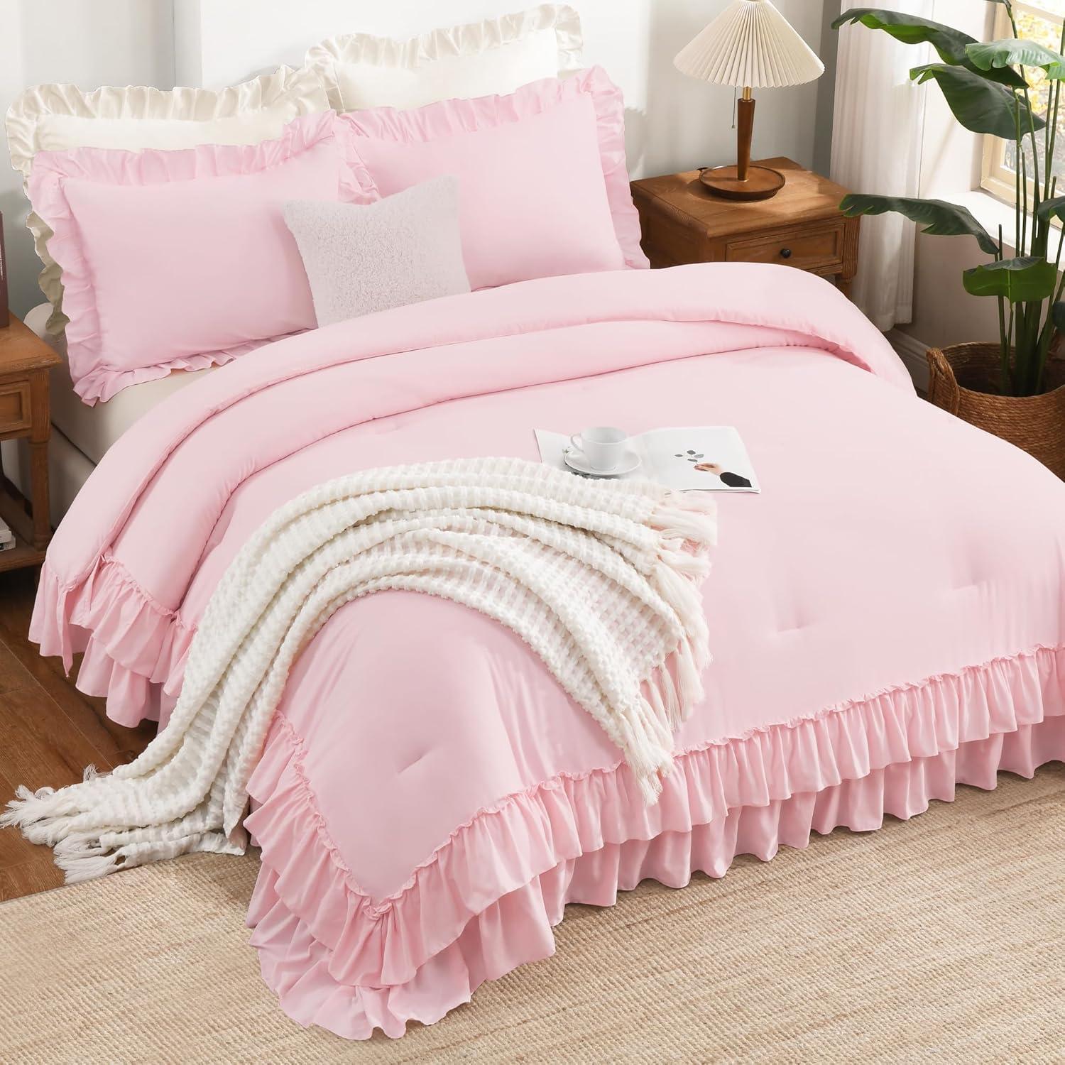 imageAndency White Ruffle Comforter Full Set 3pcs Vintage Farmhouse Shabby Chic Bedding Comforter Set Soft Lightweight Fluffy Bed Comforter Sets All Season Bedding SetPink