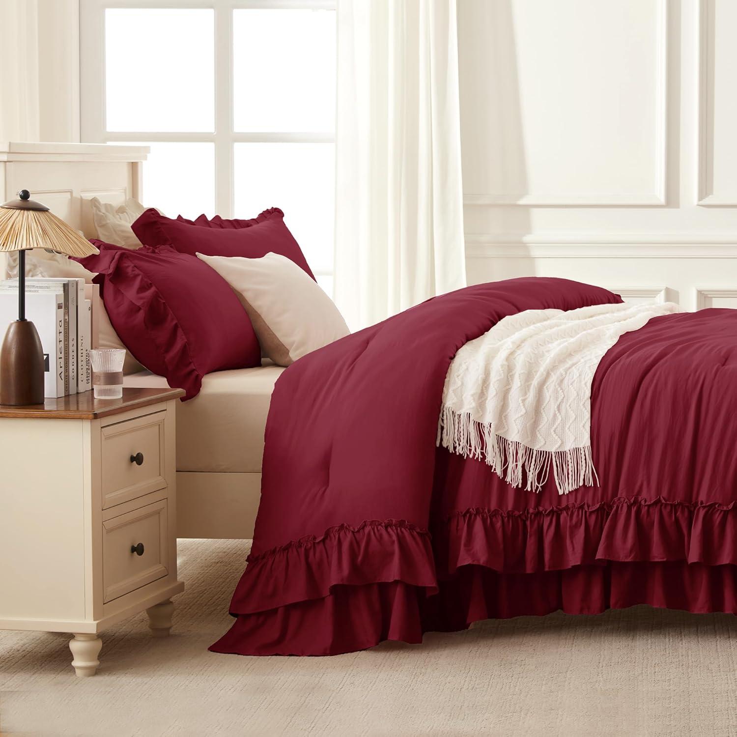 imageAndency White Ruffle Comforter Full Set 3pcs Vintage Farmhouse Shabby Chic Bedding Comforter Set Soft Lightweight Fluffy Bed Comforter Sets All Season Bedding SetBurgundy
