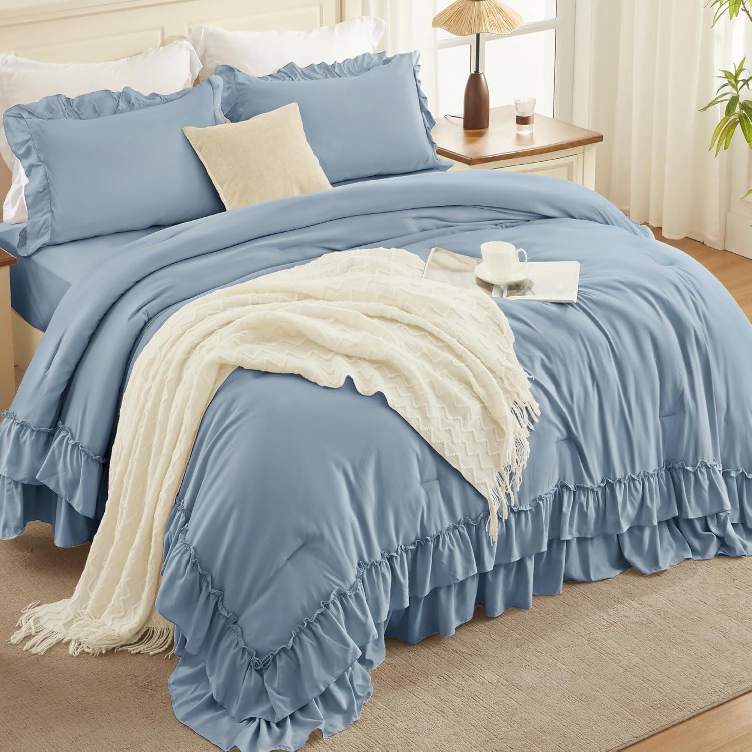 imageAndency White Ruffle Comforter Full Set 3pcs Vintage Farmhouse Shabby Chic Bedding Comforter Set Soft Lightweight Fluffy Bed Comforter Sets All Season Bedding SetGrayish Blue