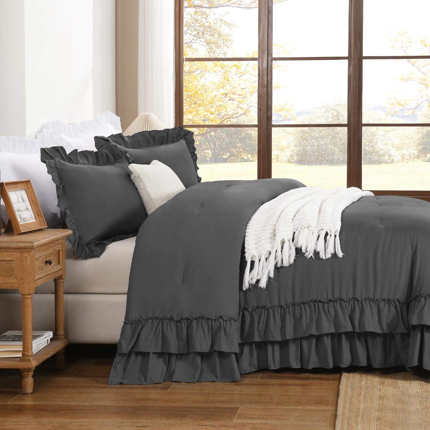 imageAndency White Ruffle Comforter Full Set 3pcs Vintage Farmhouse Shabby Chic Bedding Comforter Set Soft Lightweight Fluffy Bed Comforter Sets All Season Bedding SetDark Grey
