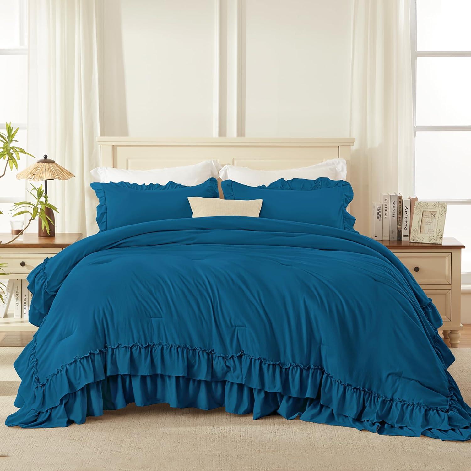 imageAndency White Ruffle Comforter Full Set 3pcs Vintage Farmhouse Shabby Chic Bedding Comforter Set Soft Lightweight Fluffy Bed Comforter Sets All Season Bedding SetTeal