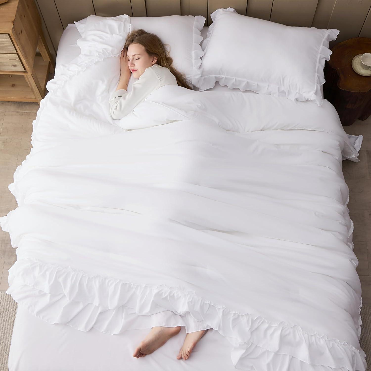 imageAndency White Ruffle Comforter Full Set 3pcs Vintage Farmhouse Shabby Chic Bedding Comforter Set Soft Lightweight Fluffy Bed Comforter Sets All Season Bedding SetWhite
