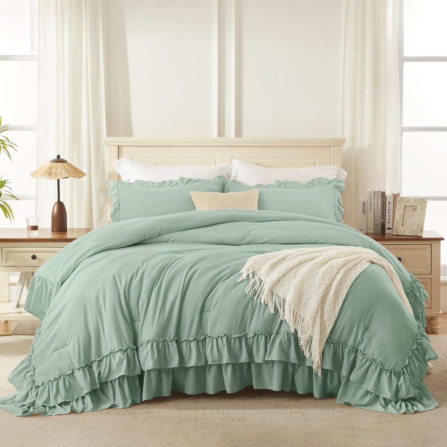 imageAndency White Ruffle Comforter Full Set 3pcs Vintage Farmhouse Shabby Chic Bedding Comforter Set Soft Lightweight Fluffy Bed Comforter Sets All Season Bedding SetSage