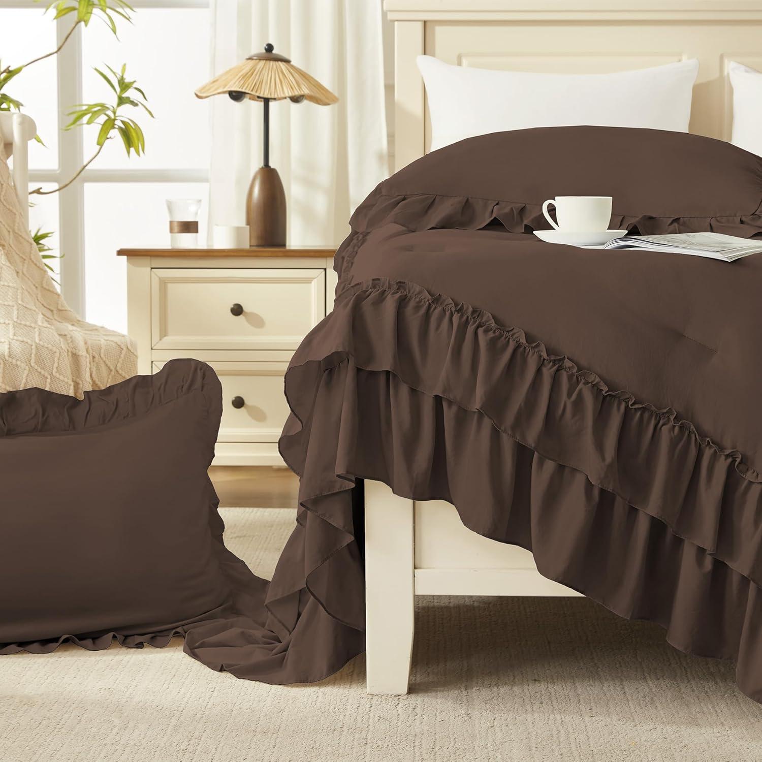 imageAndency White Ruffle Comforter Full Set 3pcs Vintage Farmhouse Shabby Chic Bedding Comforter Set Soft Lightweight Fluffy Bed Comforter Sets All Season Bedding SetBrown