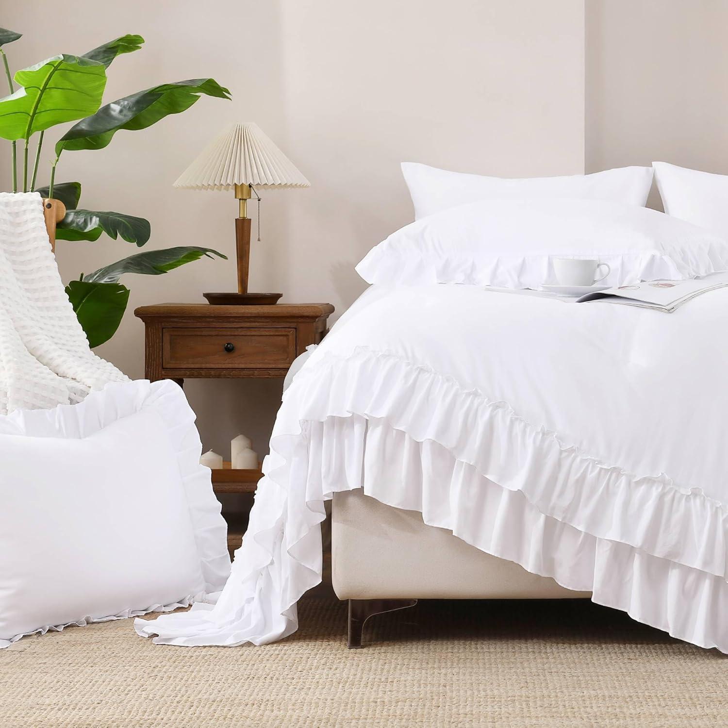 imageAndency White Ruffle Comforter Full Set 3pcs Vintage Farmhouse Shabby Chic Bedding Comforter Set Soft Lightweight Fluffy Bed Comforter Sets All Season Bedding SetWhite