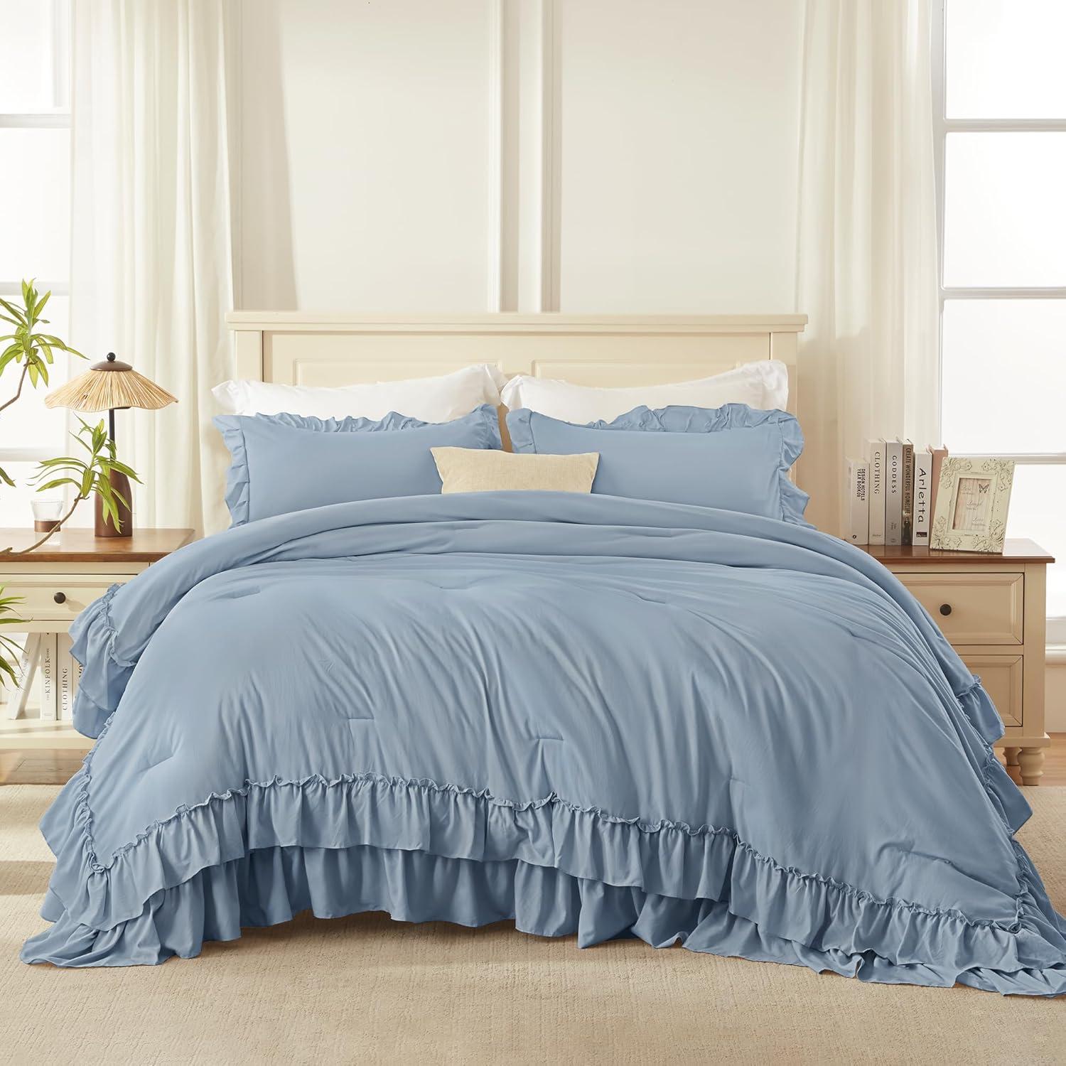 imageAndency White Ruffle Comforter Full Set 3pcs Vintage Farmhouse Shabby Chic Bedding Comforter Set Soft Lightweight Fluffy Bed Comforter Sets All Season Bedding SetGrayish Blue