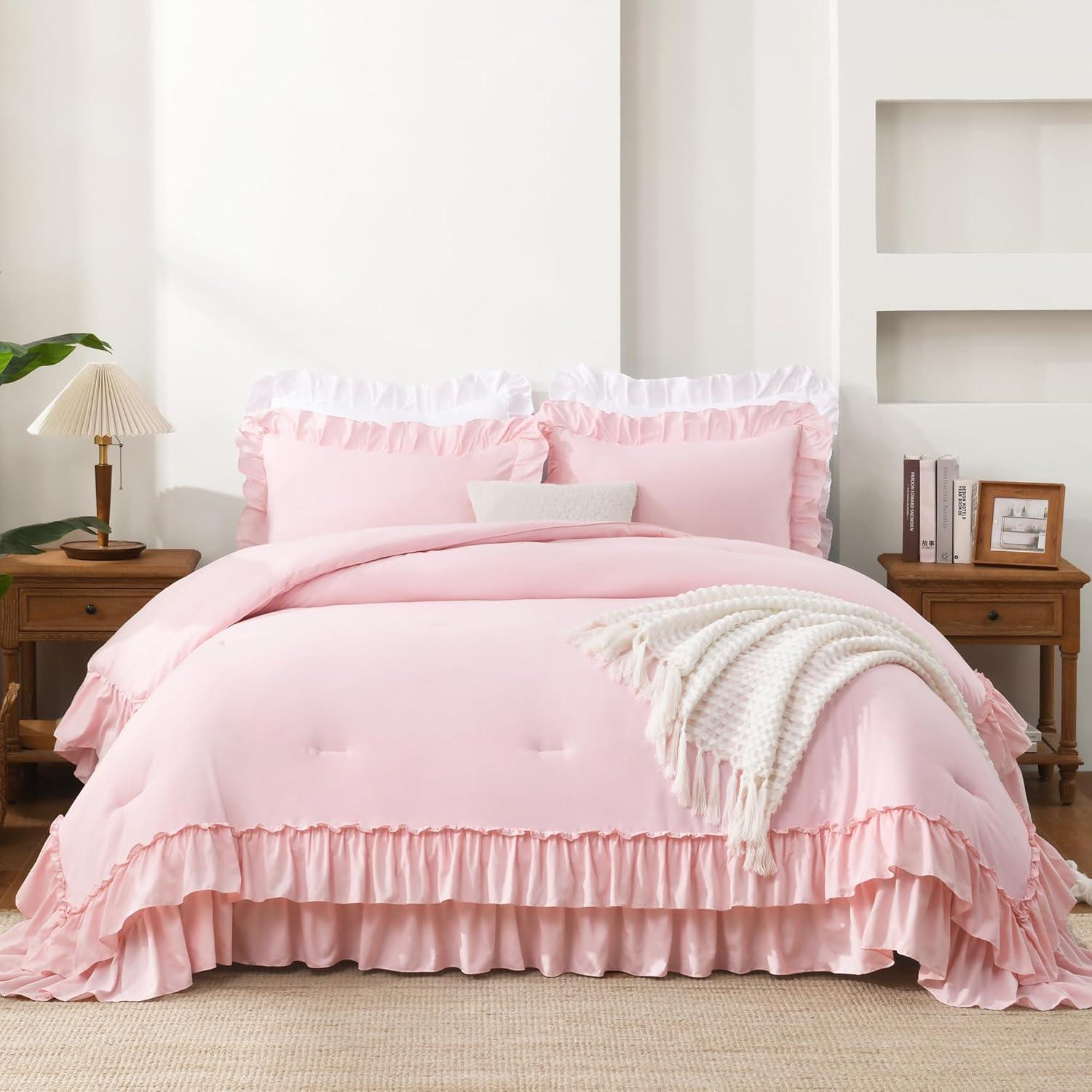 imageAndency White Ruffle Comforter Full Set 3pcs Vintage Farmhouse Shabby Chic Bedding Comforter Set Soft Lightweight Fluffy Bed Comforter Sets All Season Bedding SetPink