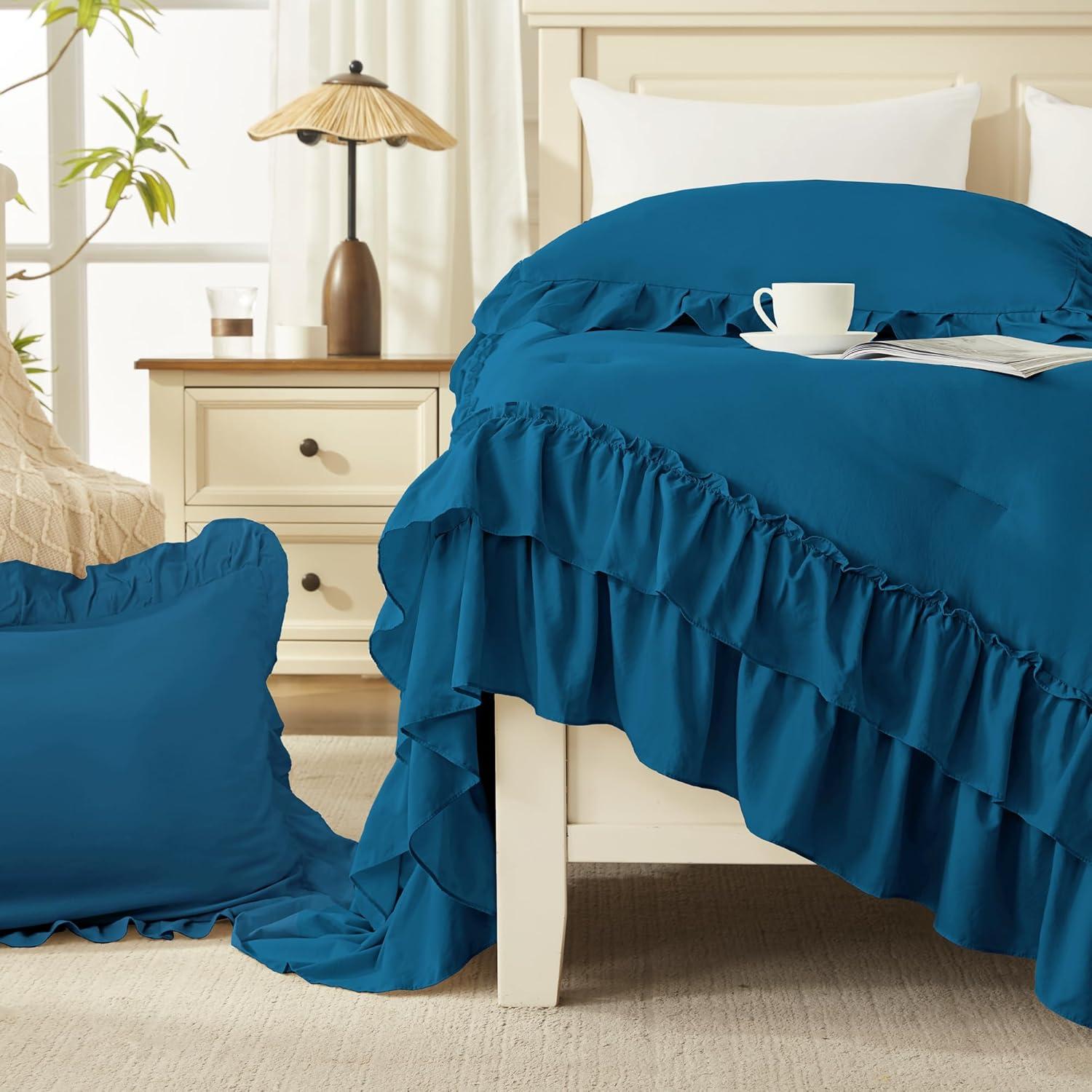 imageAndency White Ruffle Comforter Full Set 3pcs Vintage Farmhouse Shabby Chic Bedding Comforter Set Soft Lightweight Fluffy Bed Comforter Sets All Season Bedding SetTeal