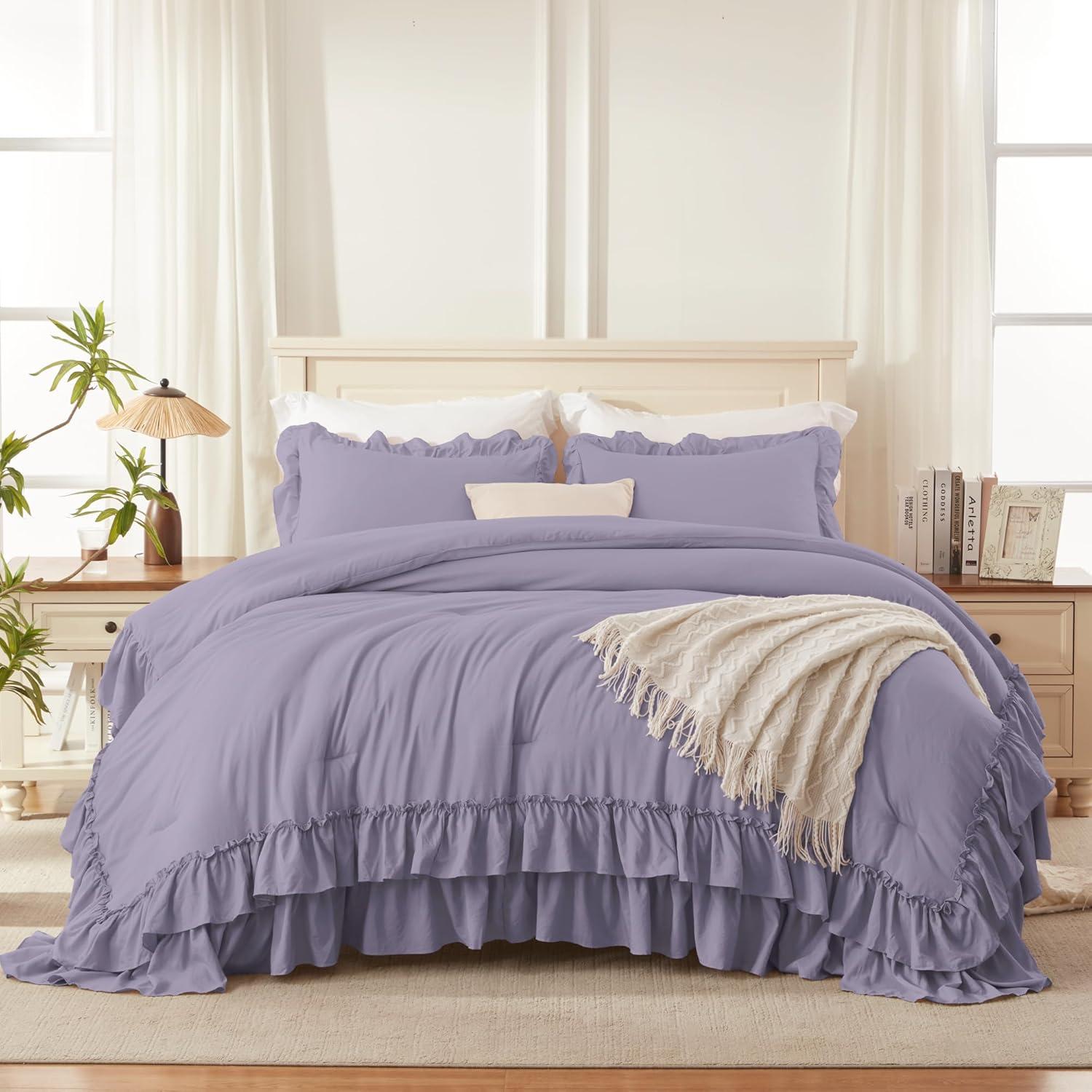 imageAndency White Ruffle Comforter Full Set 3pcs Vintage Farmhouse Shabby Chic Bedding Comforter Set Soft Lightweight Fluffy Bed Comforter Sets All Season Bedding SetGrayish Purple