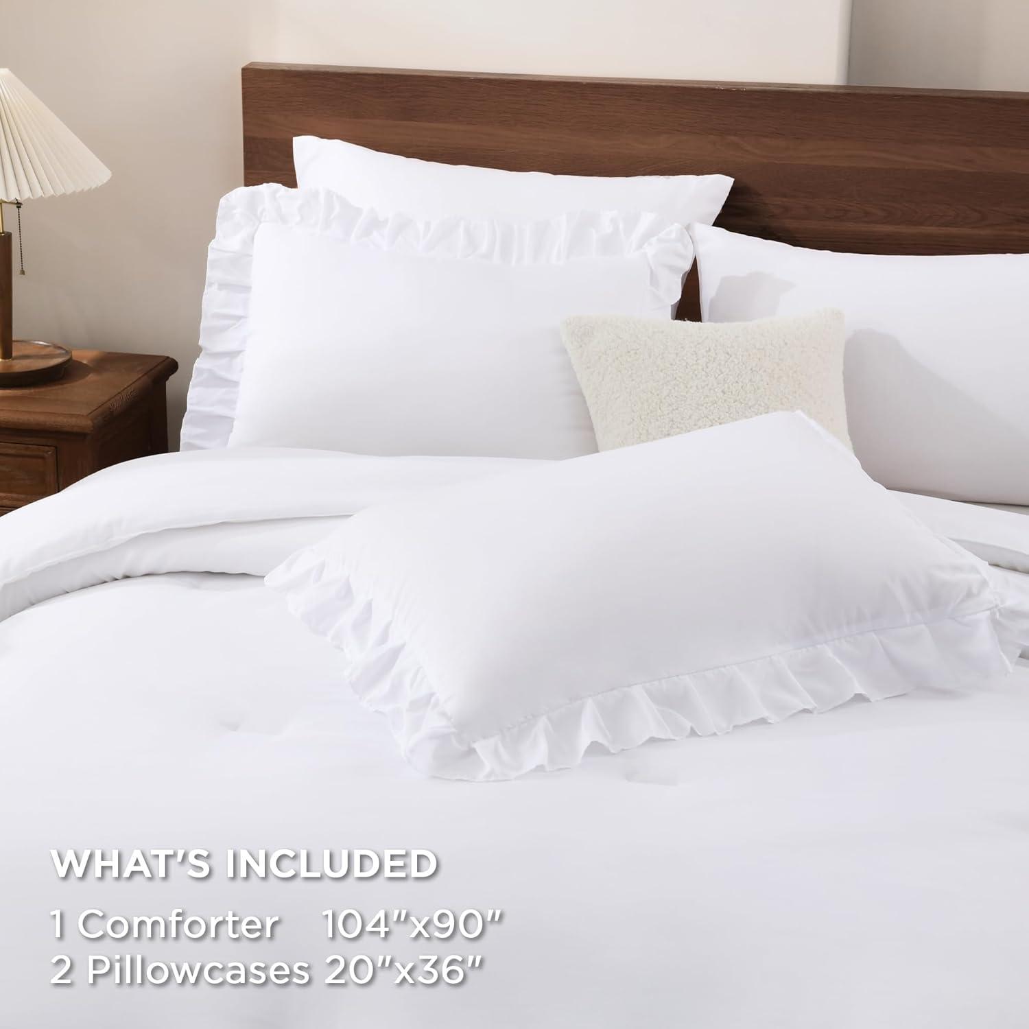 imageAndency White Ruffle Comforter Full Set 3pcs Vintage Farmhouse Shabby Chic Bedding Comforter Set Soft Lightweight Fluffy Bed Comforter Sets All Season Bedding SetWhite