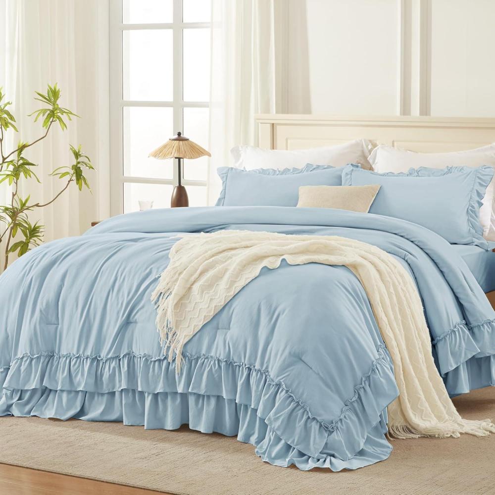 imageAndency White Ruffle Comforter Full Set 3pcs Vintage Farmhouse Shabby Chic Bedding Comforter Set Soft Lightweight Fluffy Bed Comforter Sets All Season Bedding SetLight Blue
