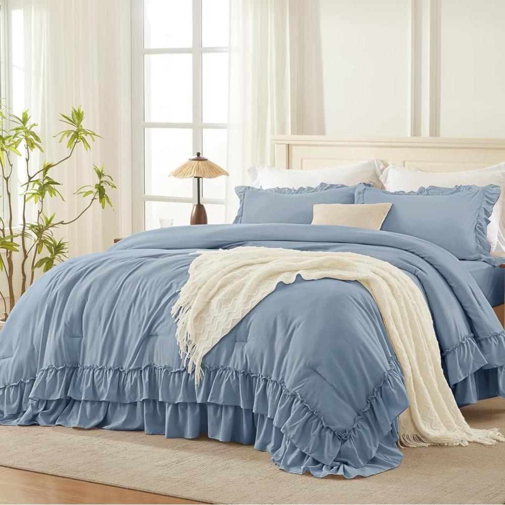 imageAndency White Ruffle Comforter Full Set 3pcs Vintage Farmhouse Shabby Chic Bedding Comforter Set Soft Lightweight Fluffy Bed Comforter Sets All Season Bedding SetGrayish Blue