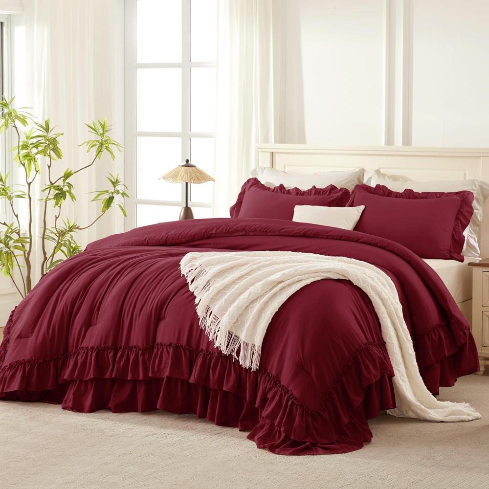 imageAndency White Ruffle Comforter Full Set 3pcs Vintage Farmhouse Shabby Chic Bedding Comforter Set Soft Lightweight Fluffy Bed Comforter Sets All Season Bedding SetBurgundy