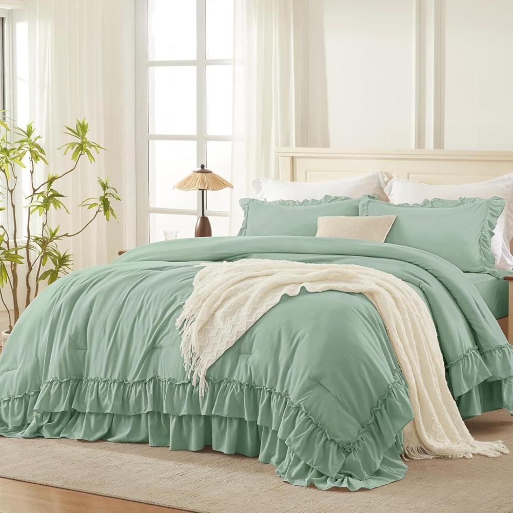 imageAndency White Ruffle Comforter Full Set 3pcs Vintage Farmhouse Shabby Chic Bedding Comforter Set Soft Lightweight Fluffy Bed Comforter Sets All Season Bedding SetSage