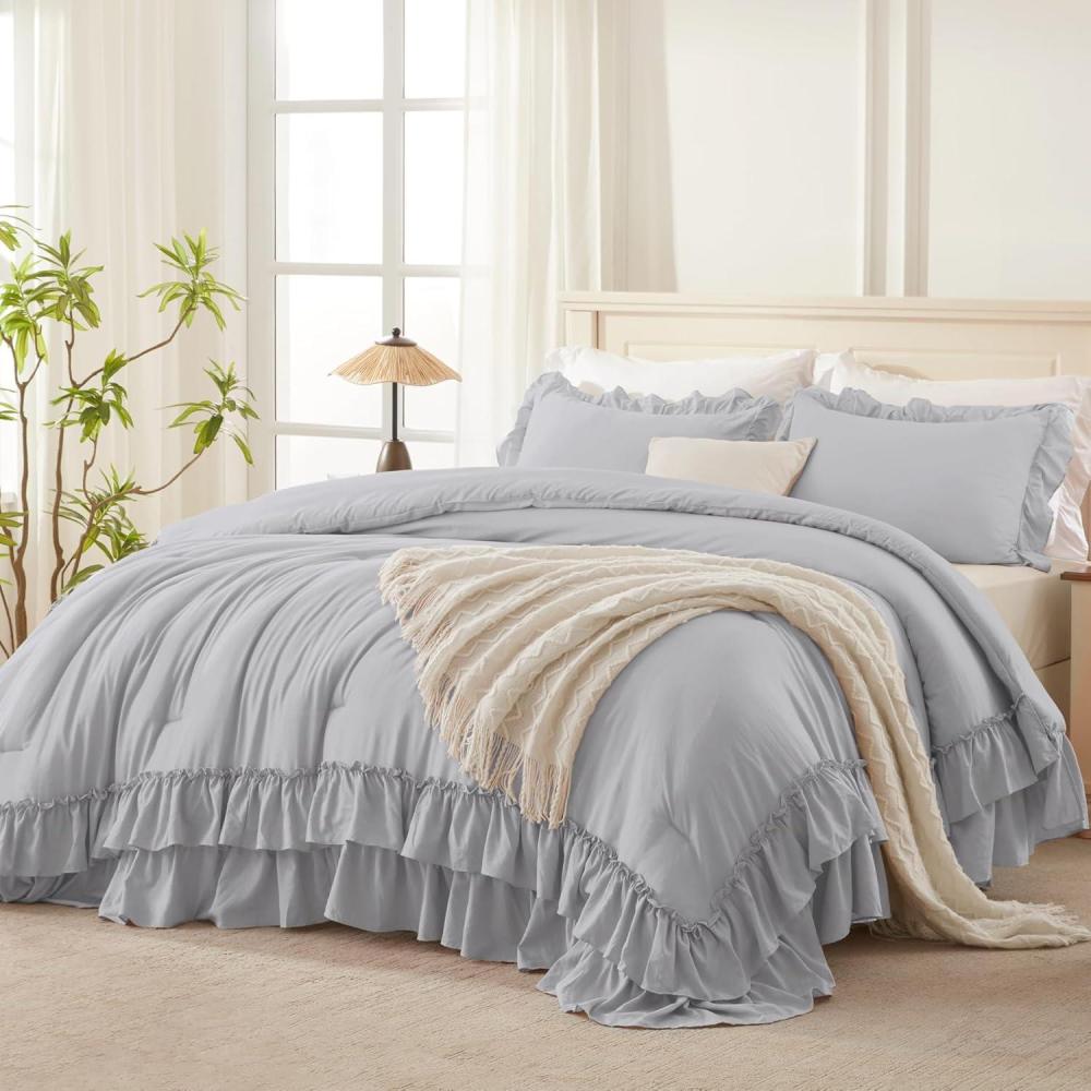 imageAndency White Ruffle Comforter Full Set 3pcs Vintage Farmhouse Shabby Chic Bedding Comforter Set Soft Lightweight Fluffy Bed Comforter Sets All Season Bedding SetLight Gray