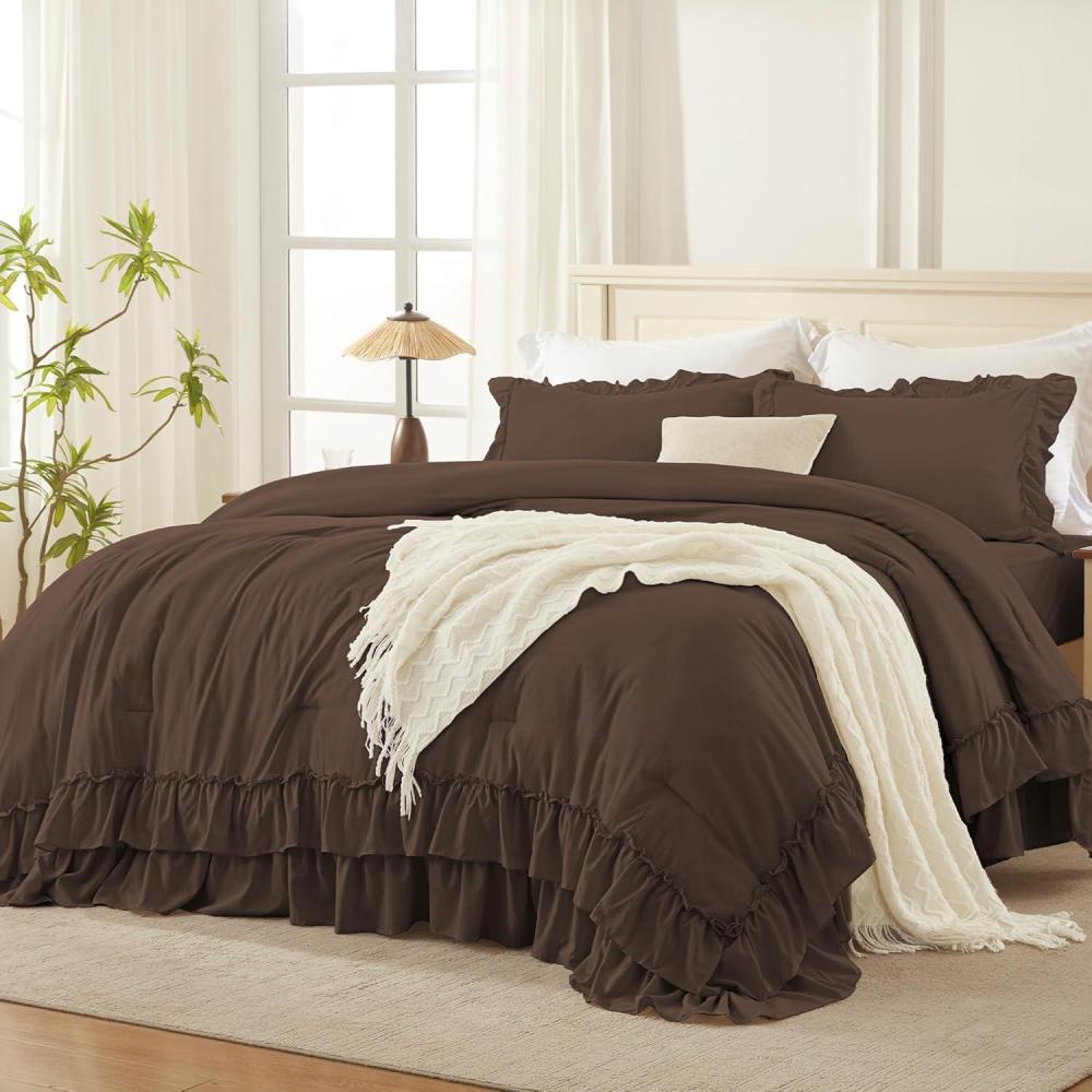 imageAndency White Ruffle Comforter Full Set 3pcs Vintage Farmhouse Shabby Chic Bedding Comforter Set Soft Lightweight Fluffy Bed Comforter Sets All Season Bedding SetBrown