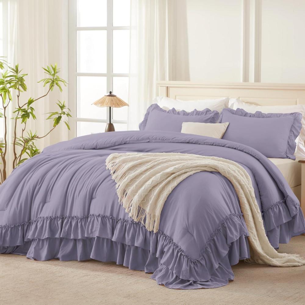 imageAndency White Ruffle Comforter Full Set 3pcs Vintage Farmhouse Shabby Chic Bedding Comforter Set Soft Lightweight Fluffy Bed Comforter Sets All Season Bedding SetGrayish Purple