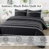imageAndency Quilt King Size Set Grey 106x96 Inch 3 Pieces1 Striped Boho Printed Quilt and 2 Pillowcases Bohemian Summer Lightweight Reversible Microfiber Bedspread Coverlet Sets04  Black  Printed Pattern