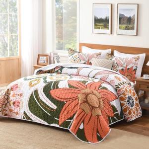 imageAndency Floral Boho Queen Quilt Bedding Set Pink 3 Pieces Farmhouse Flower Botanical Summer Bedspreads with 2 Shams Soft Reversible Lightweight Microfiber Coverlet Set for All Season 90quotx96quotBlushwhite Floral