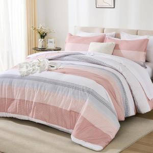 imageAndency Full Size Comforter Set Sage Green  7 Pieces Green Striped Lightweight Bed in a Bag Soft Microfiber Reversible Bedding Set with Comforter Fitted ampamp Flat Sheet Pillowcases ampamp Shams05  Pink