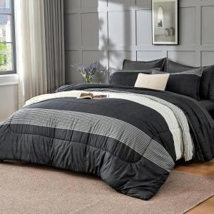 imageAndency Full Size Comforter Set Sage Green  7 Pieces Green Striped Lightweight Bed in a Bag Soft Microfiber Reversible Bedding Set with Comforter Fitted ampamp Flat Sheet Pillowcases ampamp Shams02  Black White