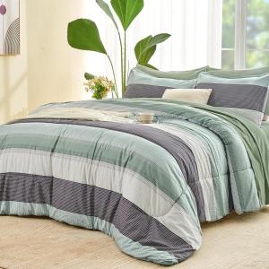 imageAndency Full Size Comforter Set Sage Green  7 Pieces Green Striped Lightweight Bed in a Bag Soft Microfiber Reversible Bedding Set with Comforter Fitted ampamp Flat Sheet Pillowcases ampamp Shams01  Sage Green