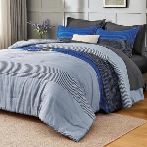 imageAndency Full Size Comforter Set Sage Green  7 Pieces Green Striped Lightweight Bed in a Bag Soft Microfiber Reversible Bedding Set with Comforter Fitted ampamp Flat Sheet Pillowcases ampamp Shams03  Blue Grey