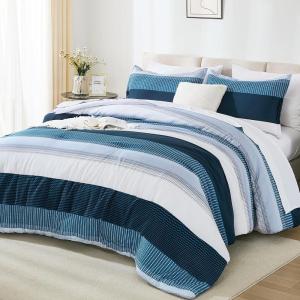 imageAndency Full Size Comforter Set Sage Green  7 Pieces Green Striped Lightweight Bed in a Bag Soft Microfiber Reversible Bedding Set with Comforter Fitted ampamp Flat Sheet Pillowcases ampamp Shams04  Navy Blue