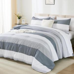 imageAndency Full Size Comforter Set Sage Green  7 Pieces Green Striped Lightweight Bed in a Bag Soft Microfiber Reversible Bedding Set with Comforter Fitted ampamp Flat Sheet Pillowcases ampamp Shams06  Light Grey