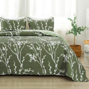 imageAndency Green Quilt Queen Size 96x90 Inch 3 Pieces Floral Lightweight Bedspread Microfiber Reversible Flower Quilted Coverlet with 2 Pillowcases for Men WomenGreen
