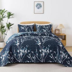 imageAndency Green Quilt Queen Size 96x90 Inch 3 Pieces Floral Lightweight Bedspread Microfiber Reversible Flower Quilted Coverlet with 2 Pillowcases for Men WomenNavy