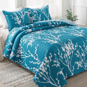 imageAndency Green Quilt Queen Size 96x90 Inch 3 Pieces Floral Lightweight Bedspread Microfiber Reversible Flower Quilted Coverlet with 2 Pillowcases for Men WomenTeal