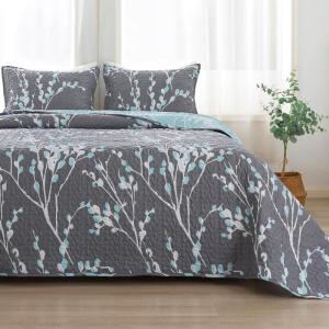 imageAndency Green Quilt Queen Size 96x90 Inch 3 Pieces Floral Lightweight Bedspread Microfiber Reversible Flower Quilted Coverlet with 2 Pillowcases for Men WomenGrey Blue