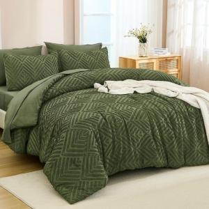 imageAndency King Size Comforter Set 7 Pieces Dark Emerald Green  Bed in a Bag King Boho Lightweight Fluffy Tufted Bedding Sets with Quilt Comforter Sheets Pillowcases ampamp ShamsOlive Green