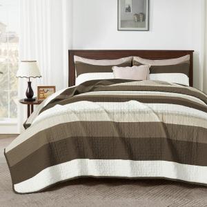 imageAndency Queen Quilt Bedding Set Beige 3 Pieces Patchwork Beige Striped Ultra Soft Lightweight Bedspreads Coverlets Set with 2 Pillow Shams for All Seasons 90quotx96quot33  Mocha