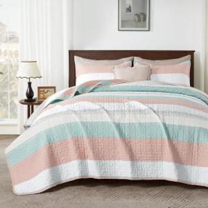 imageAndency Queen Quilt Bedding Set Beige 3 Pieces Patchwork Beige Striped Ultra Soft Lightweight Bedspreads Coverlets Set with 2 Pillow Shams for All Seasons 90quotx96quot32  Pink Green
