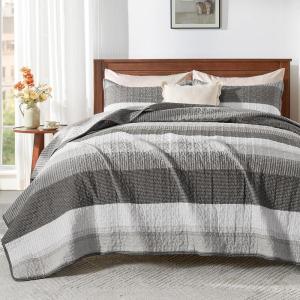 imageAndency Queen Quilt Bedding Set Beige 3 Pieces Patchwork Beige Striped Ultra Soft Lightweight Bedspreads Coverlets Set with 2 Pillow Shams for All Seasons 90quotx96quot19  Dark Grey