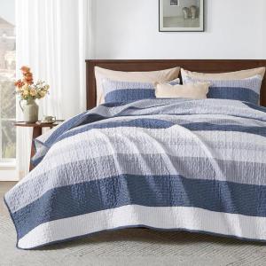 imageAndency Queen Quilt Bedding Set Beige 3 Pieces Patchwork Beige Striped Ultra Soft Lightweight Bedspreads Coverlets Set with 2 Pillow Shams for All Seasons 90quotx96quot18  Mineral Blue