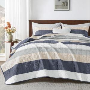 imageAndency Queen Quilt Bedding Set Beige 3 Pieces Patchwork Beige Striped Ultra Soft Lightweight Bedspreads Coverlets Set with 2 Pillow Shams for All Seasons 90quotx96quot24  Yellow Blue